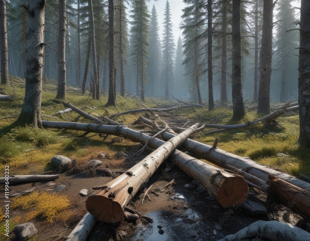 Alaskan forest after thaw with fallen trees and vegetation, forest ecosystem, alaskan forest, vegetation growth