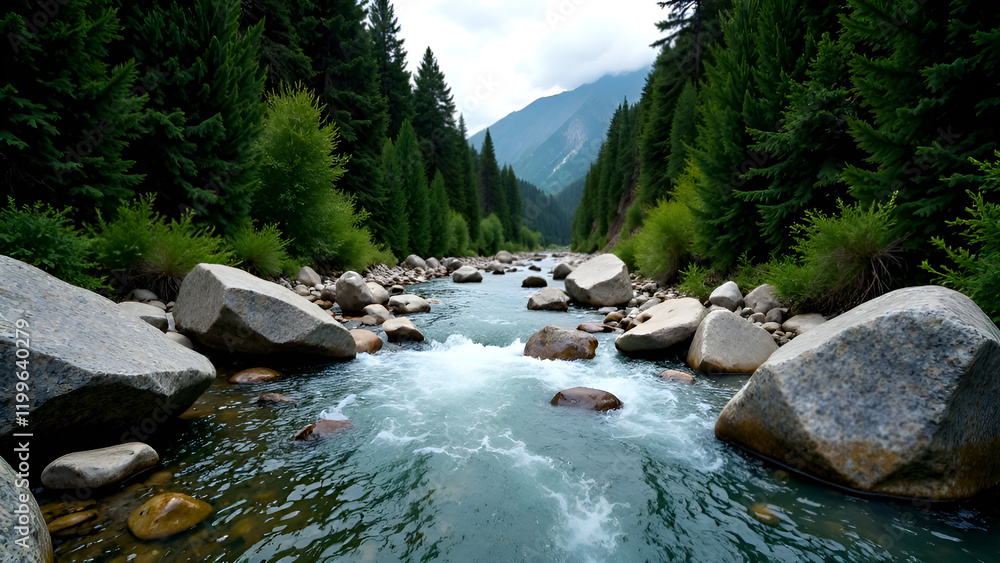 A beautiful river, gracefully flowing through a lush forest with majestic mountains visible in the background, captures the essence of natures splendor