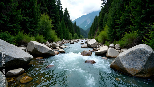 Obraz na płótnie A beautiful river, gracefully flowing through a lush forest with majestic mountains visible in the background, captures the essence of natures splendor w salonie