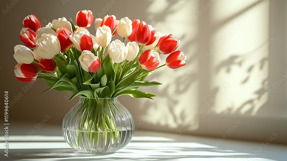 Red and white tulips in a glass vase bask in sunlight Red and white tulips in a glass vase bask in sunlight