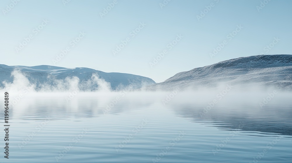 Misty Winter Lake Surrounded by Snow Covered Mountains Misty Winter Lake Surrounded by Snow Covered Mountains