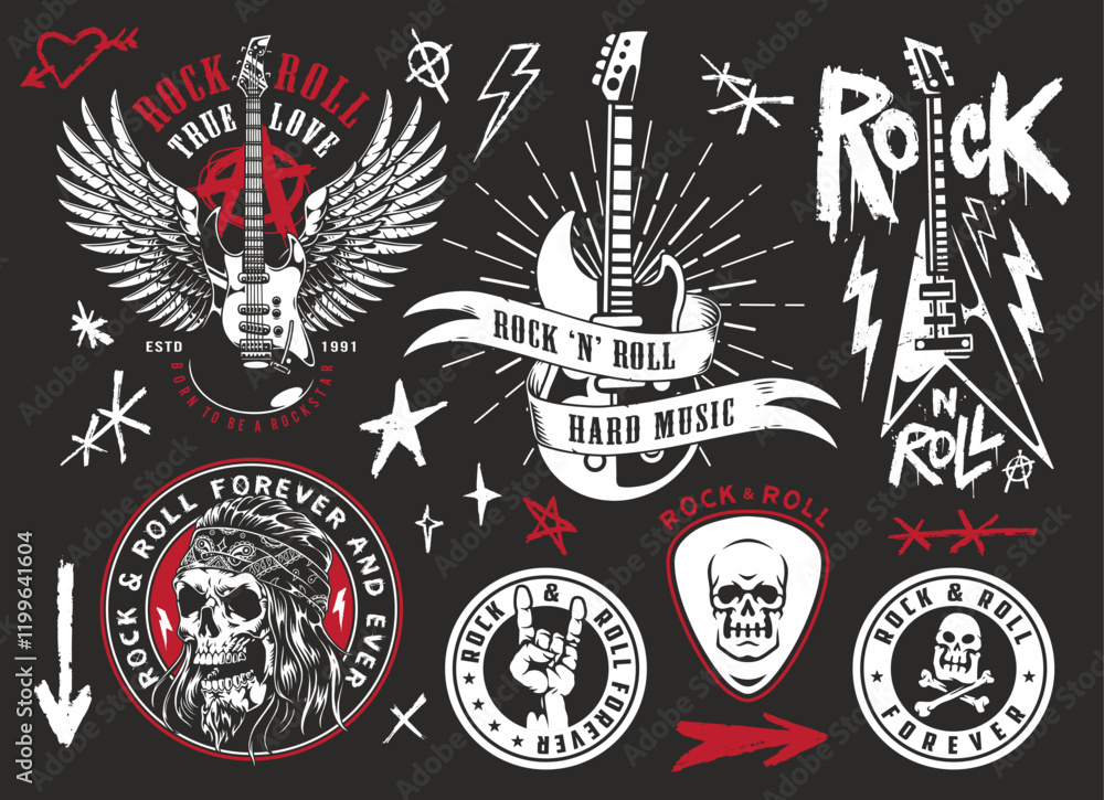 Fototapeta premium Rock and roll themed graphics featuring guitars