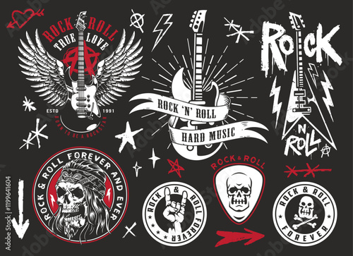 Rock and roll themed graphics featuring guitars