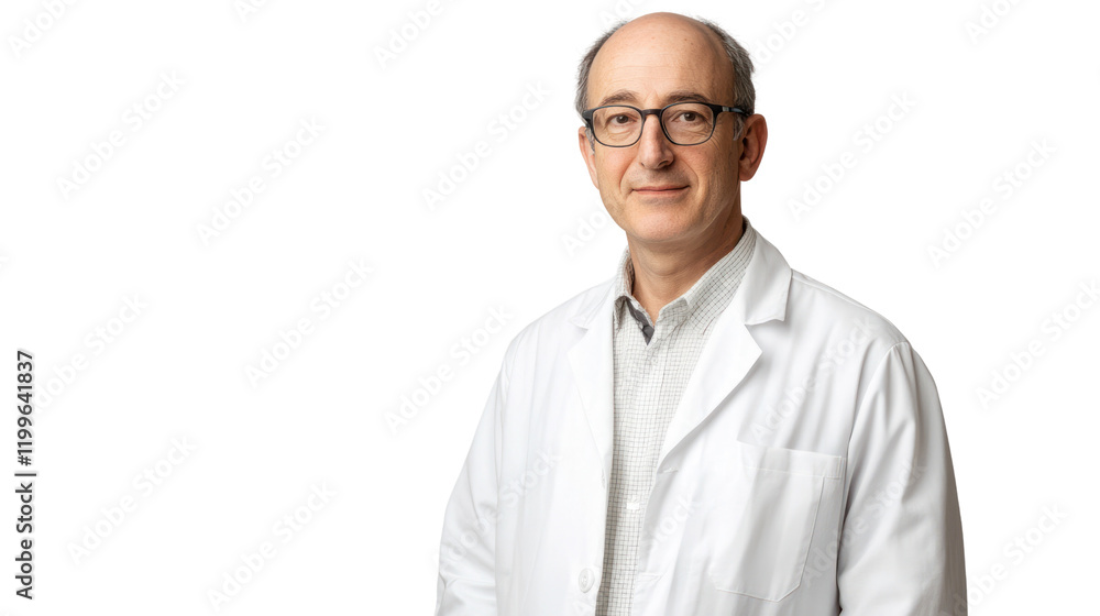 A professional man wearing a white lab coat and glasses, standing confidently with a neutral expression against a white background. A professional man wearing a white lab coat and glasses, standing confidently with a neutral expression against a white background.