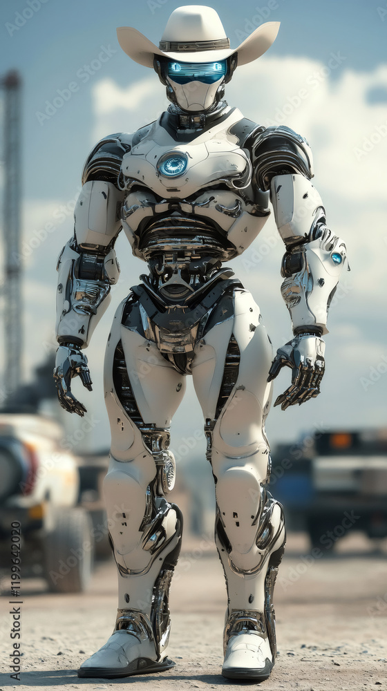 Futuristic robot cowboy standing in a deserted place wearing a white hat and boots, with a blue glowing visor Futuristic robot cowboy standing in a deserted place wearing a white hat and boots, with a blue glowing visor