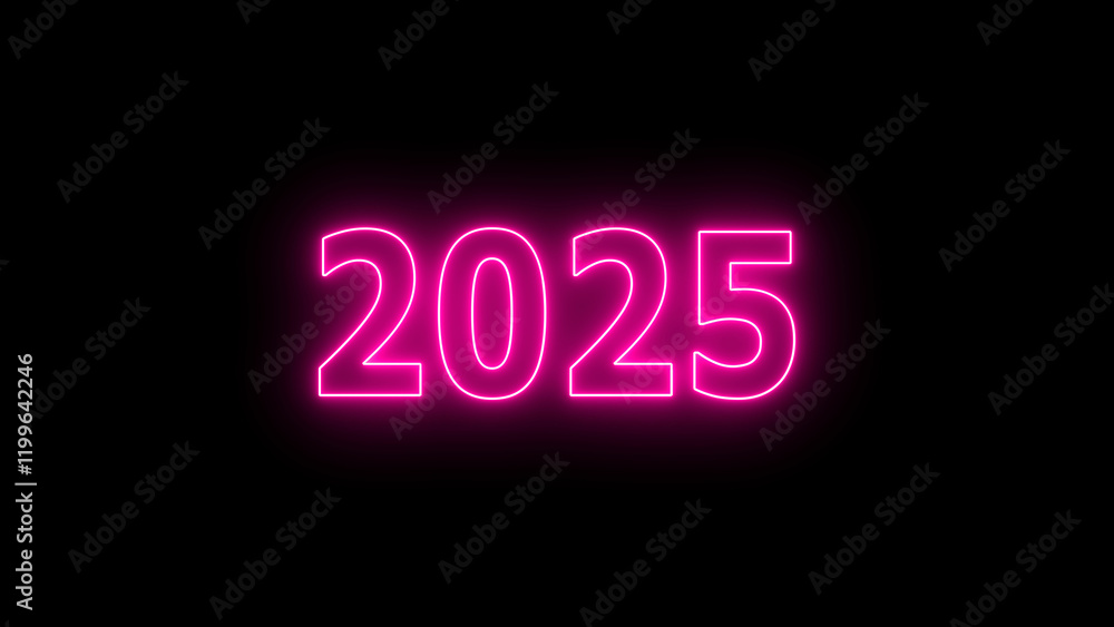 2025 Happy new year glowing neon text. Glowing neon blue colors number text sign in black background. 2025 Happy new year glowing neon text. Glowing neon blue colors number text sign in black background.