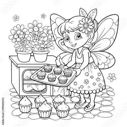 A fairy in a tiny kitchen making cupcakes, coloring page vector