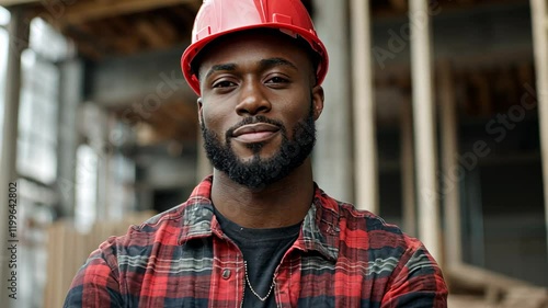 Confident Construction Worker Portrait, builder, building, building site, hard hat, safety helmet