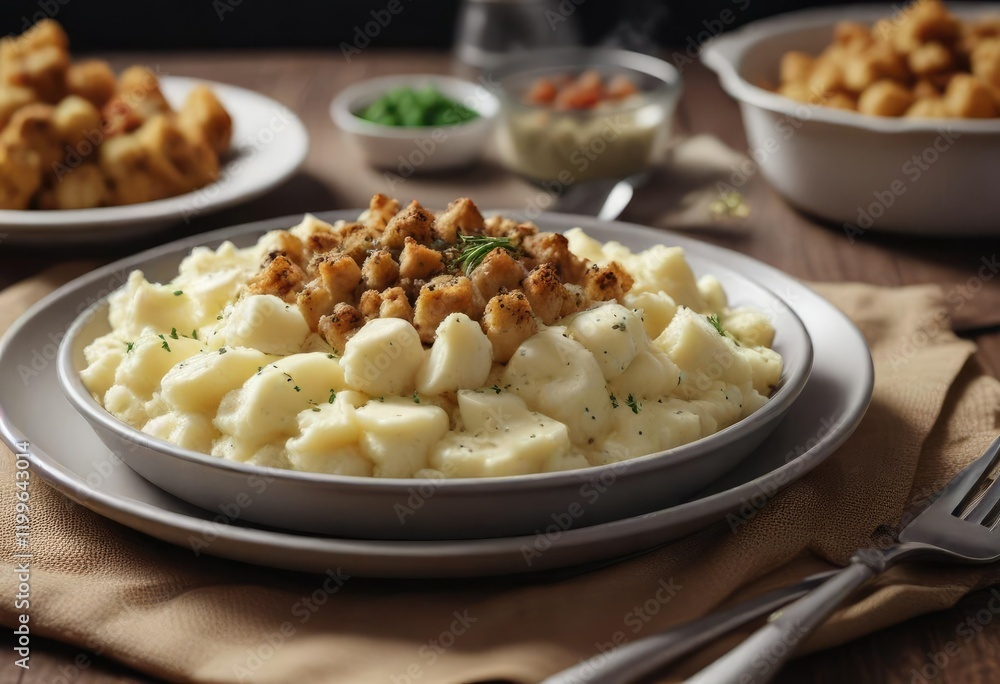 A steaming plate of mashed potatoes and stuffing, warm and savory, stuffing A steaming plate of mashed potatoes and stuffing, warm and savory, stuffing