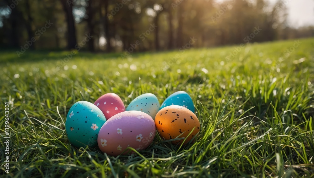 Easter holiday background with Easter eggs over green grass meadow Easter holiday background with Easter eggs over green grass meadow