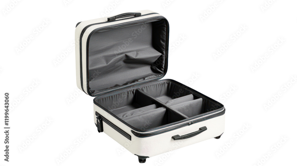 Open travel suitcase with organized compartments, perfect for packing and organizing belongings for trips and vacations. Open travel suitcase with organized compartments, perfect for packing and organizing belongings for trips and vacations.