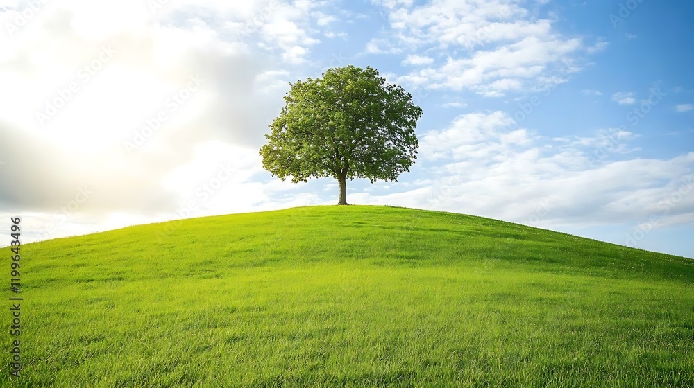 Photo of a Solitary Tree Standing on a Lush Green Hill Surrounded by Peaceful Nature Photo of a Solitary Tree Standing on a Lush Green Hill Surrounded by Peaceful Nature