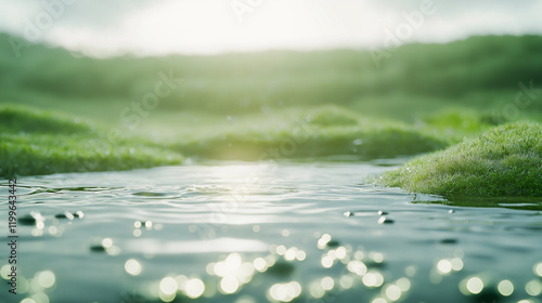 Hintergrundbild mit Blick vom See auf ein grünes Ufer im unscharfen Hintergrund