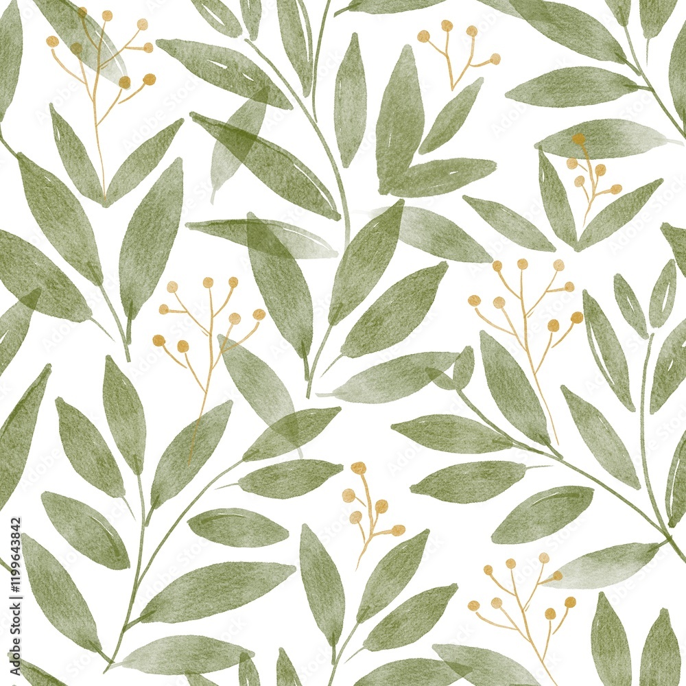Fototapeta premium Botanical background, seamless pattern watercolor leaf graphic