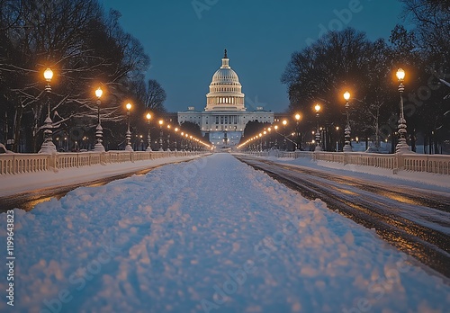 Photo of Snow-Covered U.S. Capitol at Night with White Snow and Illuminated Dome photo