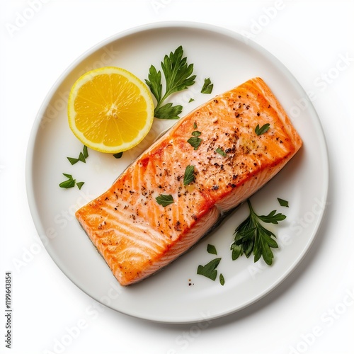baked salmon on plate flat lay isolated on background