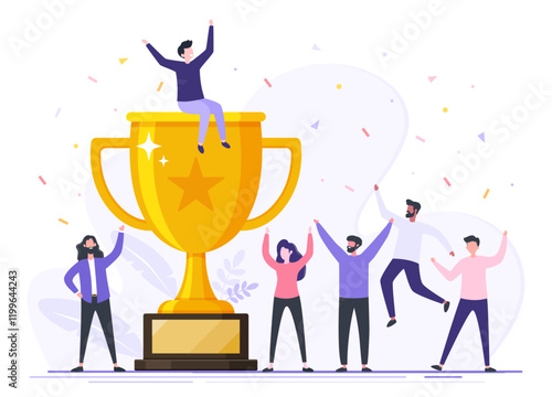 Successful teamwork people with golden trophy cup award, Team celebrating victory, Symbol of victory, Triumph reward, Employee team with prize, Winning business team concept flat vector illustration.