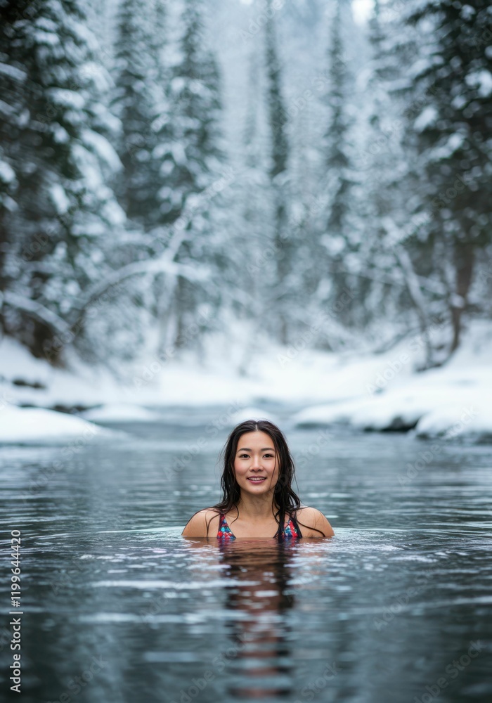 Caucasian young female swimming in winter forest stream Caucasian young female swimming in winter forest stream