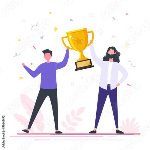 Two people hold a trophy cup, Symbol of victory, Winner concept, Triumph reward, Business goal concept flat vector illustration.