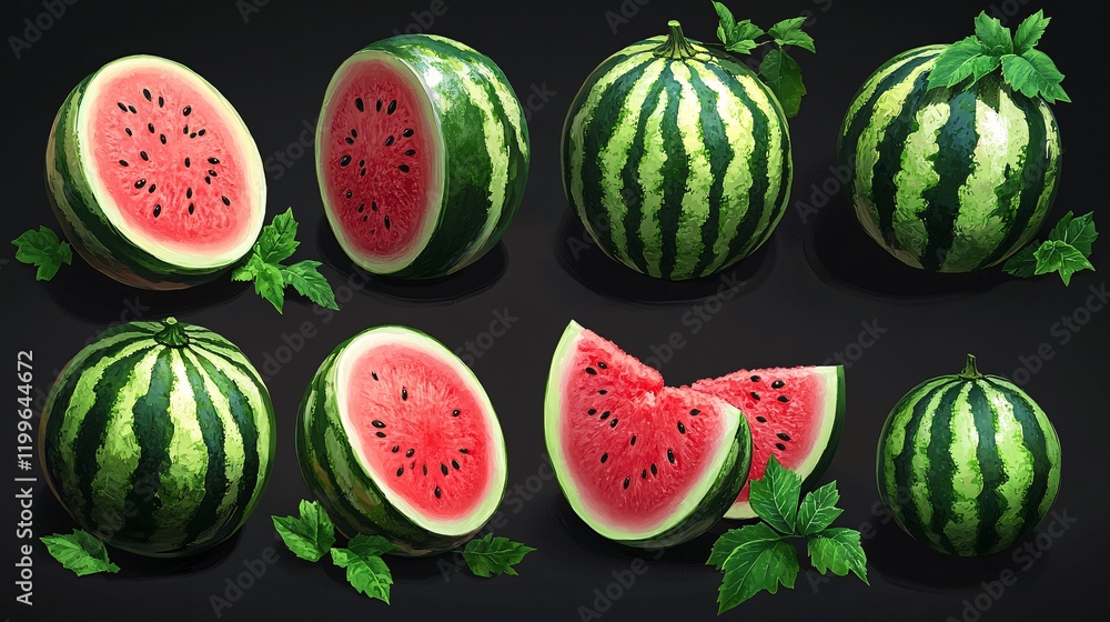 12 realistic watermelon illustrations in different poses: whole, halved, sliced, with vibrant leaves, emphasizing the fresh and juicy appeal of watermelons. 12 realistic watermelon illustrations in different poses: whole, halved, sliced, with vibrant leaves, emphasizing the fresh and juicy appeal of watermelons.
