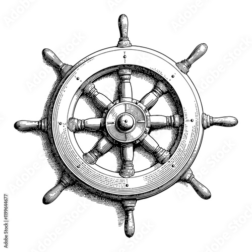 Ship Steering Wheel Top View Detailed Black and White Outline Line Art Drawing