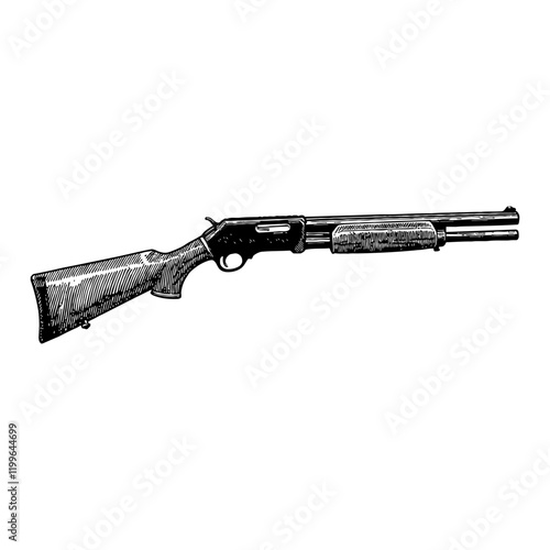 A Detailed Side View of Shotgun in Black and White Outline Line Art Drawing Illustration