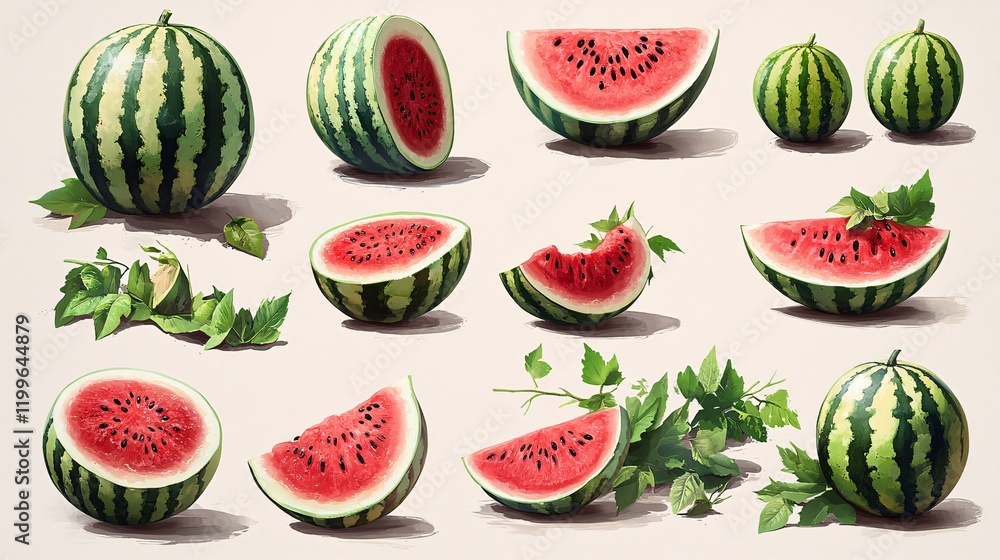 12 realistic watermelon illustrations in different poses: whole, halved, sliced, with vibrant leaves, emphasizing the fresh and juicy appeal of watermelons. 12 realistic watermelon illustrations in different poses: whole, halved, sliced, with vibrant leaves, emphasizing the fresh and juicy appeal of watermelons.