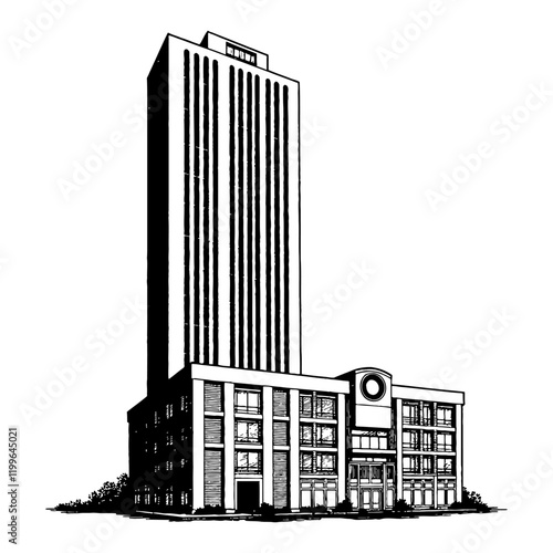 Skyscraper Building with Multi Story Extension Black and White Outline Line Art Drawing