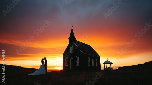 Photograph of a Black Church in Iceland Taken at Sunset with Dramatic Lighting and Serene Landscape photo