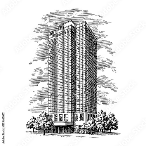 Sky Scraper Tall Building with Cloud and Trees Detailed Black and White Outline Line Art Drawing