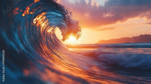 Photograph of an Ocean Wave at Sunset Taken from Inside the Water with Vibrant Colors and Reflection photo