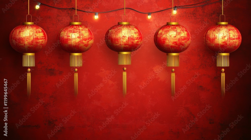 Chinese New Years, A red wall with five red lanterns hanging from it Chinese New Years, A red wall with five red lanterns hanging from it