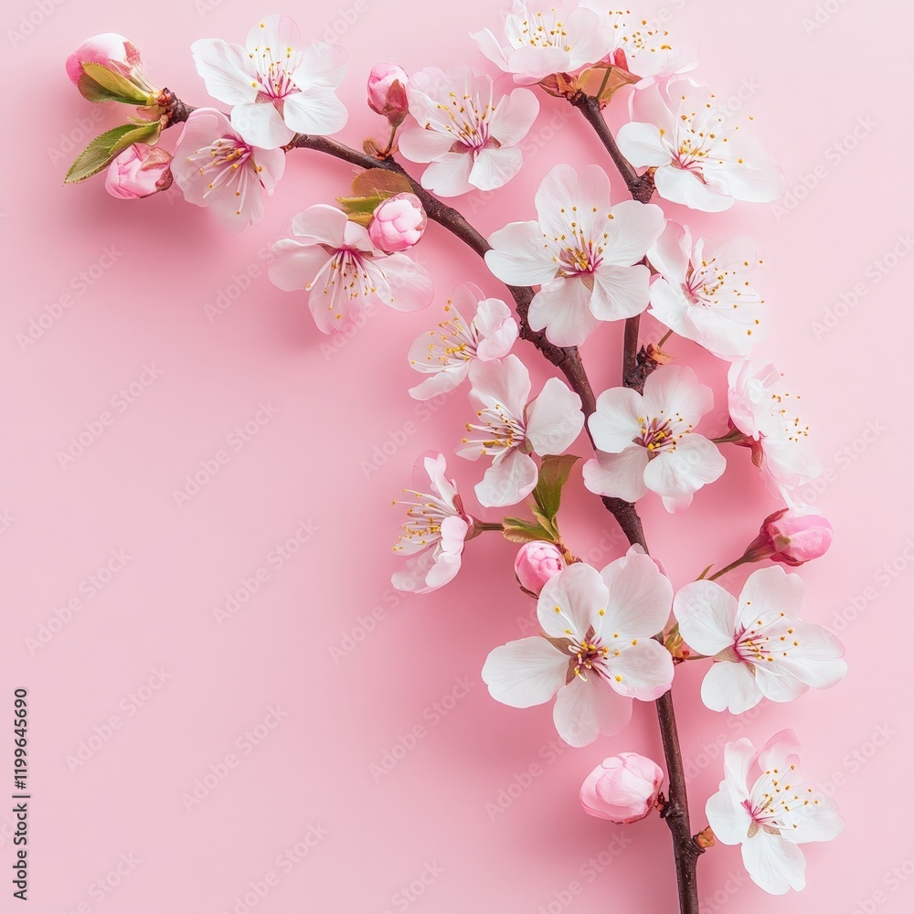 A flat lay of cherry blossoms on a pink background, symbolizing spring, beauty, and celebrations. Ideal for greeting cards, weddings, and feminine designs. A flat lay of cherry blossoms on a pink background, symbolizing spring, beauty, and celebrations. Ideal for greeting cards, weddings, and feminine designs.