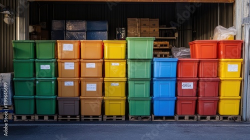 An assemblage of colorful plastic containers each labeled for different types of recyclables stacked neatly near a production area showcasing the organization of waste segregation efforts. photo