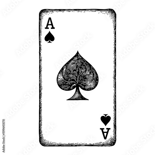 Ace Spade Playing Poker Card in Detailed Black and White Outline Line Art Drawing