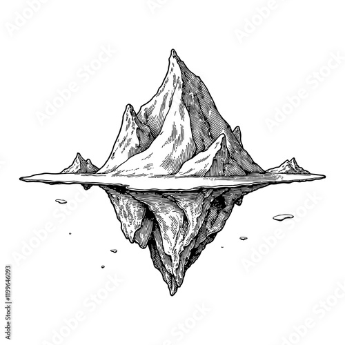 Detailed Iceberg with Reflection in Black and White Outline Line Art Drawing with Vintage Style