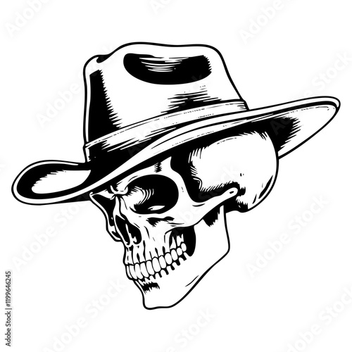 skull wear cowboy hat engraving black and white outline. Scratch board imitation.