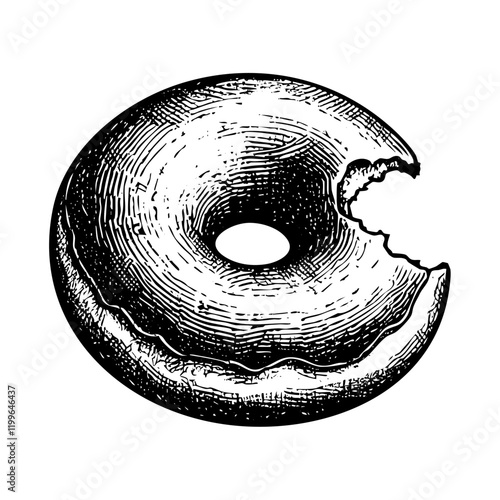 bite doughnut engraving sketch engraving black and white outline. Scratch board imitation.  illustrated in vintage line art style on a white background.
