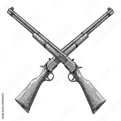 Crossed Shotguns Vintage Style Black and White Outline Line Art Drawing with Detail Engraved Look