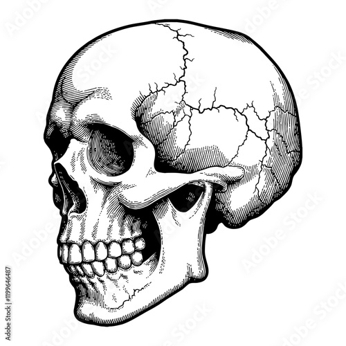 Detailed Anatomical Skull with Cracks Side View Black and White Outline Line Art Drawing