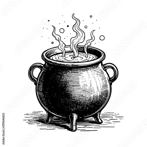 witch cauldron engraving sketch engraving black and white outline. Scratch board imitation.  illustrated in vintage line art style on a white background.
