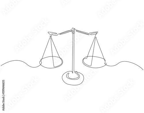 Continuous one line drawing of law balance and scale of justice. One line drawing illustration of scale of justice. Balance, equality concept single line. Editable outline