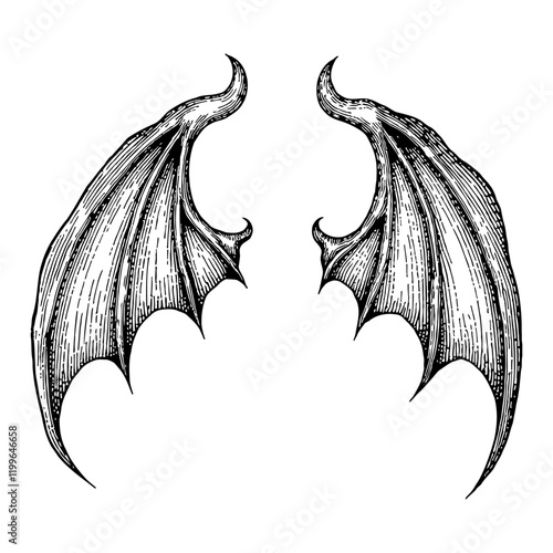 Pair of Devil Wings Isolated in Detailed Black and White Outline Line Art Drawing