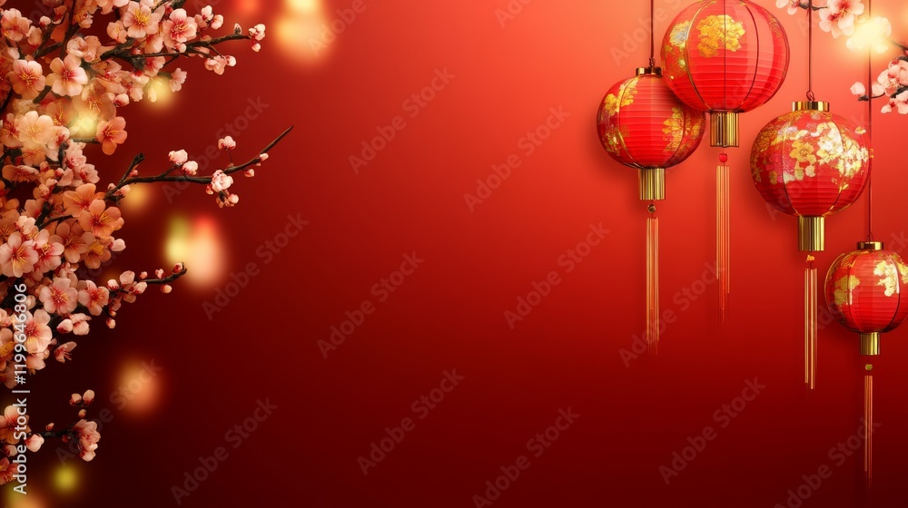 Chinese New Years, A red background with three red lanterns hanging from the ceiling Chinese New Years, A red background with three red lanterns hanging from the ceiling