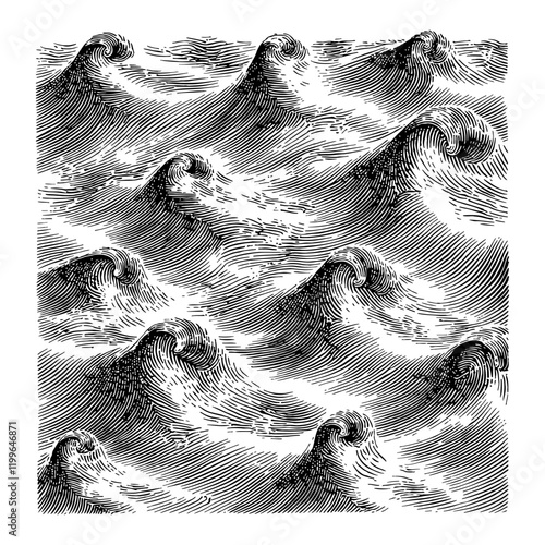 Ocean Sea Wave Abstract Pattern Black and White Outline Line Art Drawing Fabric