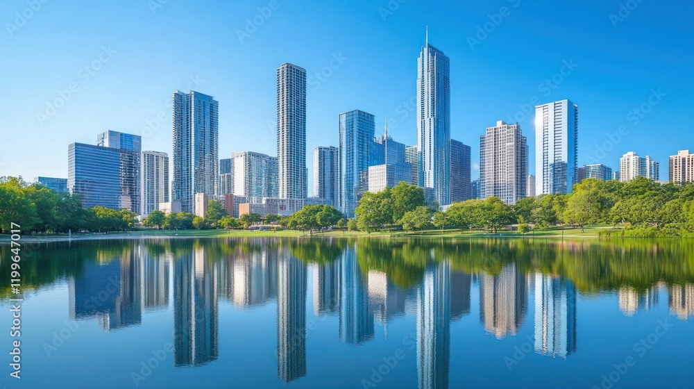 Fototapeta premium Modern City Skyline with Reflections in a Clear Blue Lake