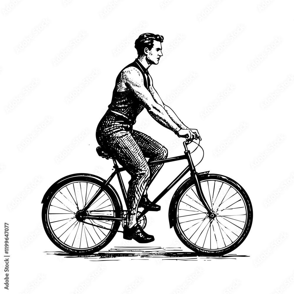 Obraz premium man riding bicycle sketch engraving black and white outline. Scratch board imitation. 