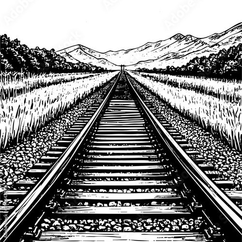 railroad with mountain landscape sketch engraving black and white outline. Scratch board imitation.
