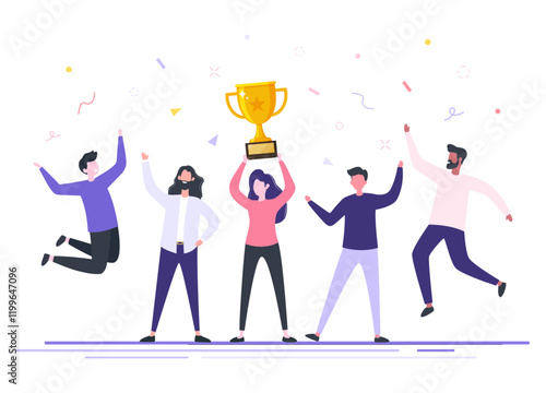 Happy dream team winners hold a golden trophy cup award, Successful teamwork people with goblet, Triumph reward, Team celebrating victory, Winning business team concept flat vector illustration.