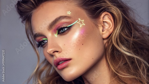 A perfect blend of elegance and rebellion this portrait features shimmering neon dominantly on the cheekbones and starlit eyebrows creating an eyecatching frame for the models